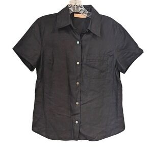 Kate Hill Casual Black Linen‎ Button Down Short Sleeve Shirt Top Classic Minimal